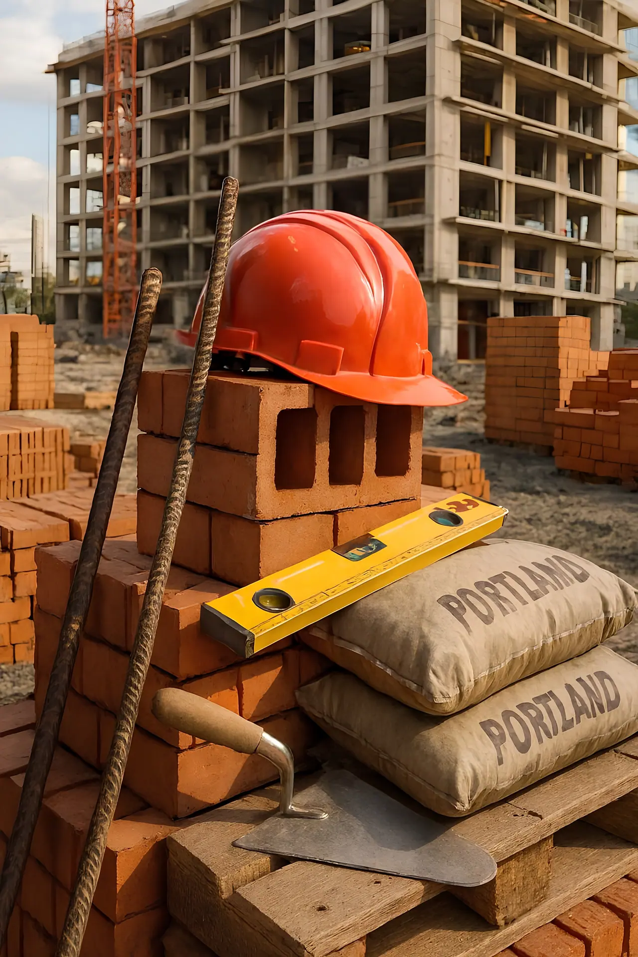 Hard hat and building materials on site